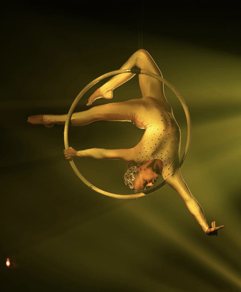An aerialist performing on a suspended hoop in golden light