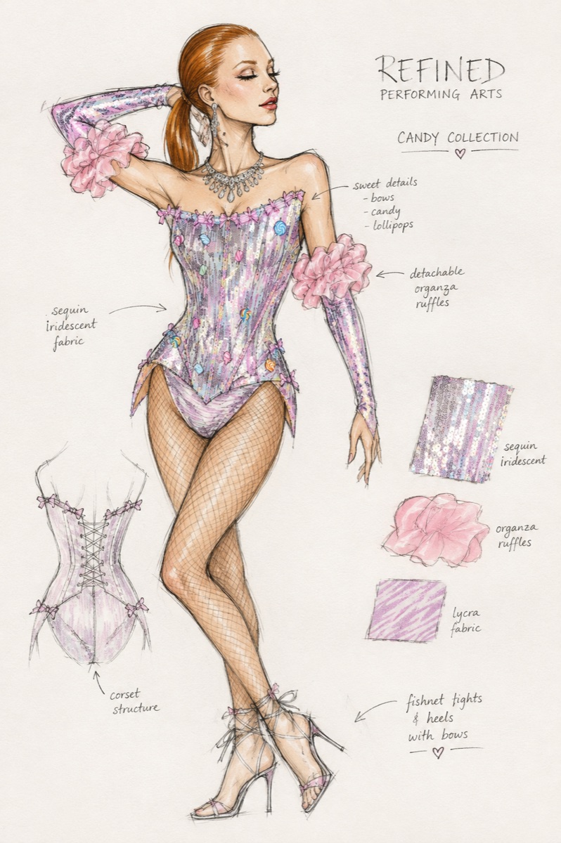 A Refined design sketch for the Candy Collection, a pink iridescent corset with organza ruffles, annotated with fabric swatches