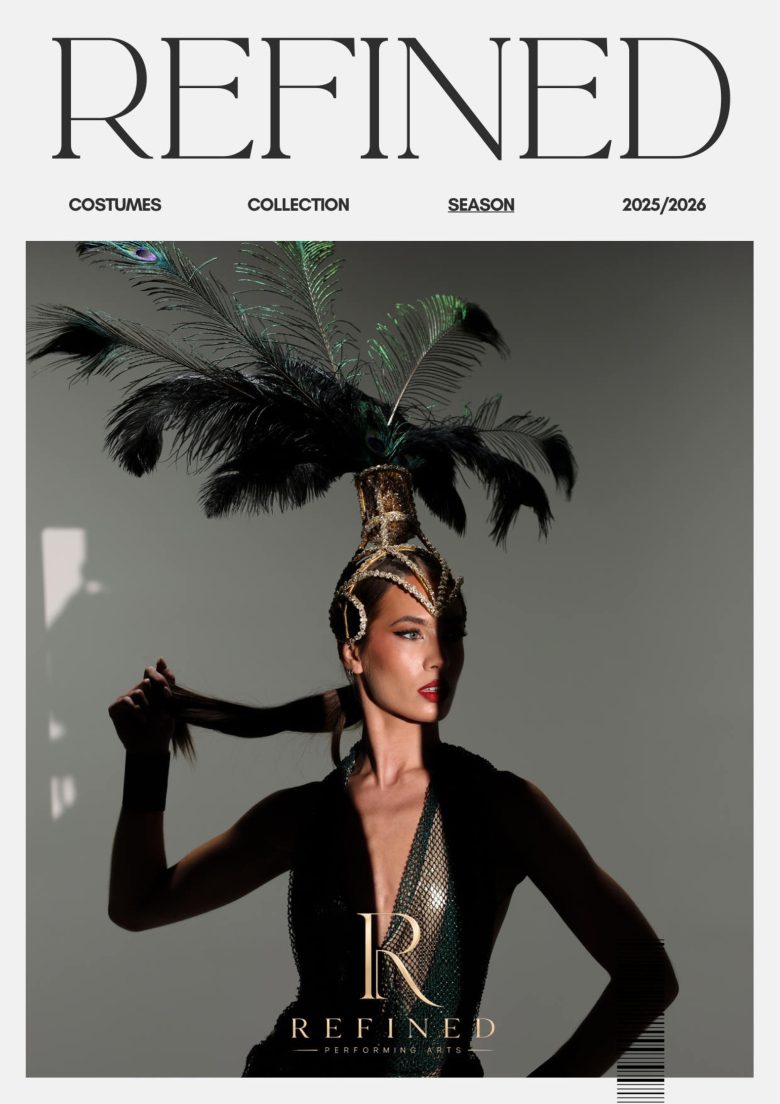 Cover of the Refined costume lookbook: a performer in a black feathered headdress and crystal costume